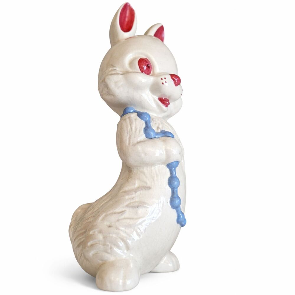 Vintage Anthropomorphic Bunny Figurine - Retro Easter Rabbit Blue Bow & Flowers